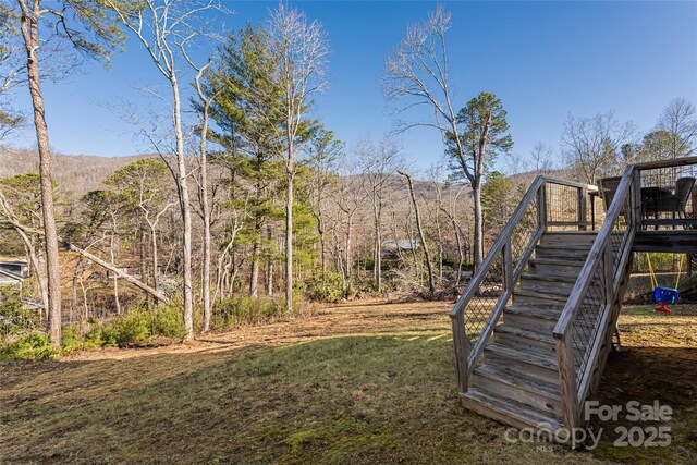 7 Pineview Rd, Fairview, NC 28730 - view of grassy yard featuring stairway and a deck with mountain view