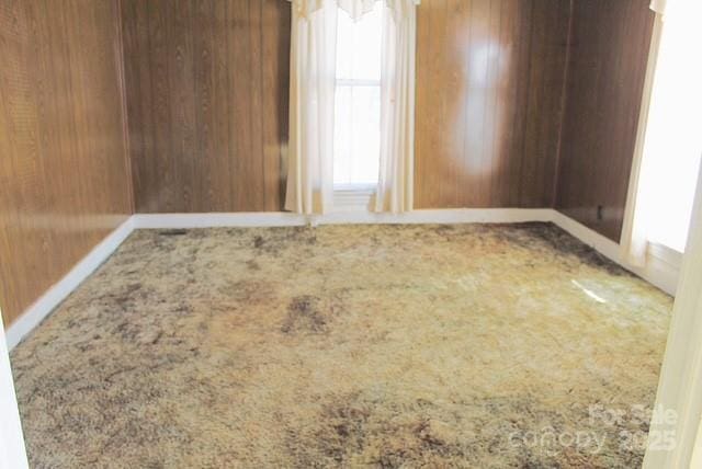 carpeted spare room featuring wooden walls