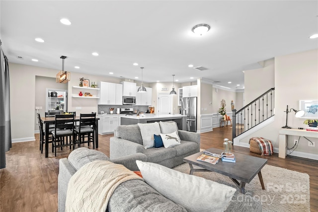 living room with dark wood-type flooring