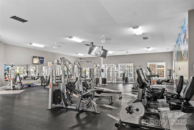 exercise room featuring ceiling fan