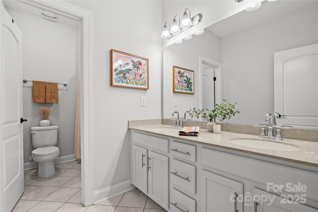 bathroom featuring toilet, vanity, and tile patterned floors