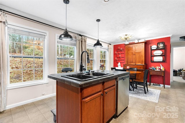 kitchen with dishwasher, sink, crown molding, pendant lighting, and a center island with sink