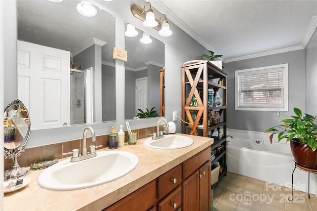 bathroom with vanity, tile patterned floors, separate shower and tub, ornamental molding, and a textured ceiling