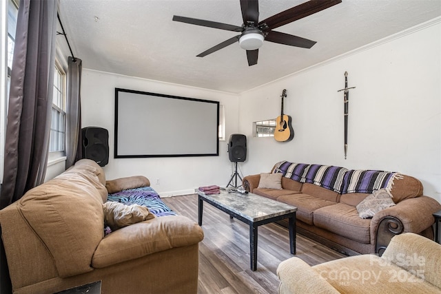 cinema with ceiling fan, ornamental molding, and hardwood / wood-style flooring