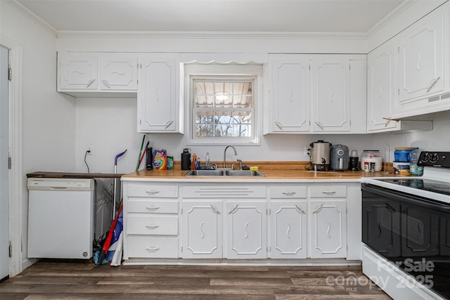 kitchen with sink, range hood, crown molding, white appliances, and white cabinets