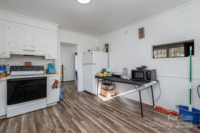 kitchen with white cabinets, white appliances, premium range hood, and ornamental molding