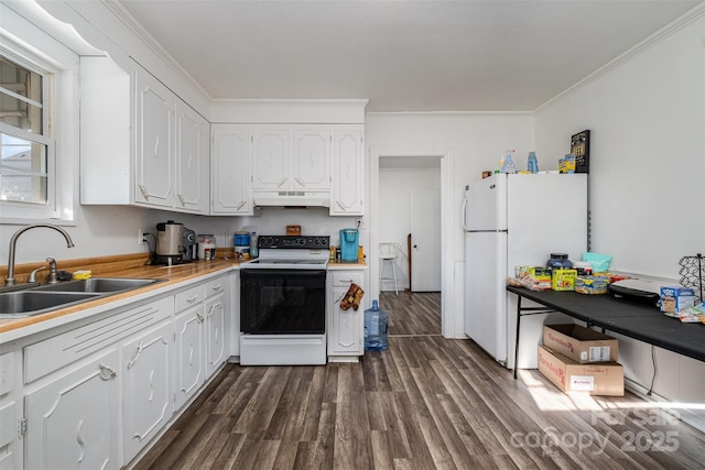 kitchen featuring white appliances, white cabinets, crown molding, sink, and dark hardwood / wood-style flooring