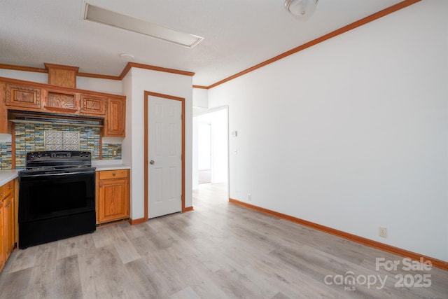 kitchen featuring range hood, backsplash, black / electric stove, light hardwood / wood-style floors, and ornamental molding