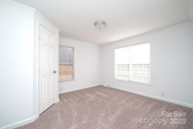 empty room featuring carpet flooring, a textured ceiling, and crown molding