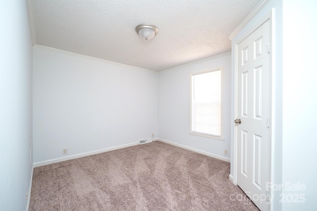 carpeted spare room featuring crown molding and a textured ceiling