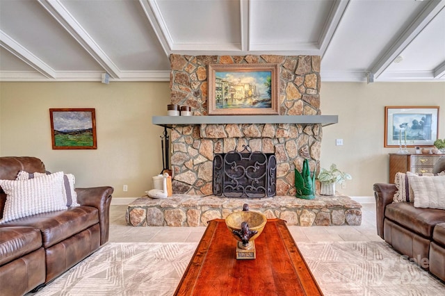 living room featuring a fireplace, light tile patterned floors, and ornamental molding