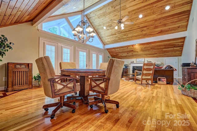 dining area featuring high vaulted ceiling, ceiling fan with notable chandelier, light wood-type flooring, beamed ceiling, and wood ceiling