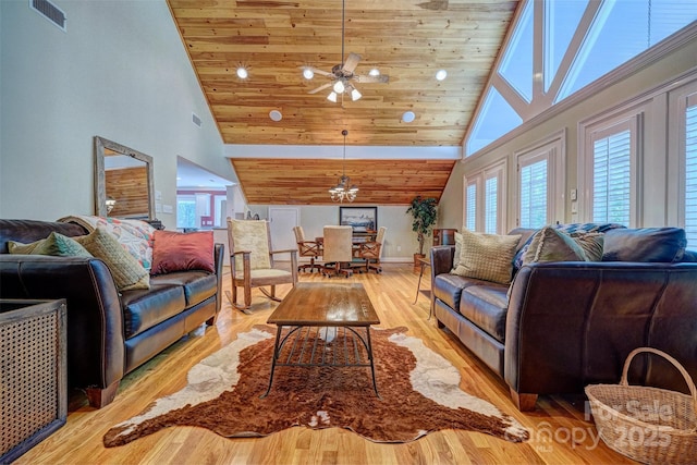 living room featuring ceiling fan, light hardwood / wood-style flooring, high vaulted ceiling, and wooden ceiling