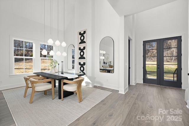 dining room with a wealth of natural light, french doors, hardwood / wood-style floors, and a high ceiling