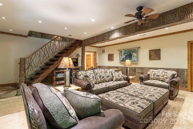 living room featuring ceiling fan