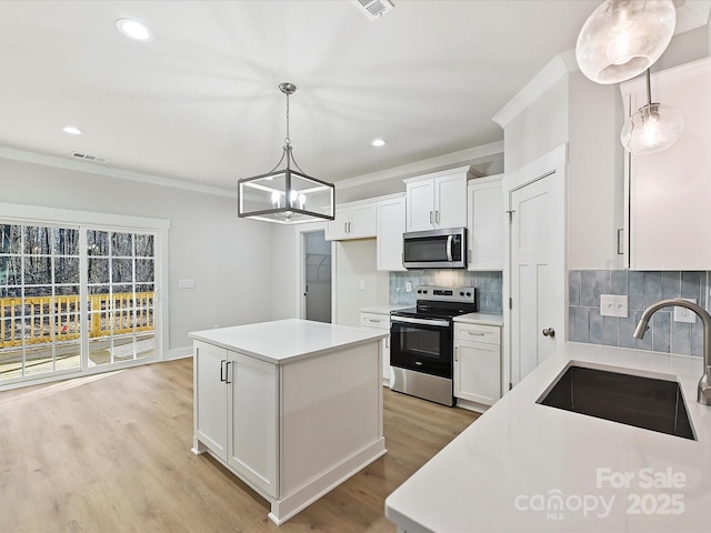 kitchen with appliances with stainless steel finishes, white cabinets, a kitchen island, and sink