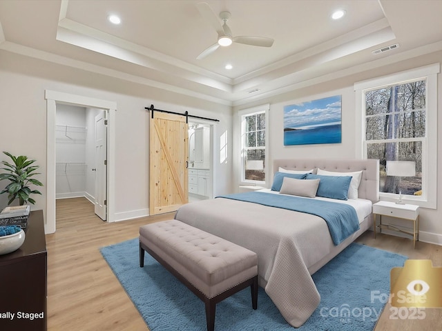 bedroom featuring ceiling fan, a spacious closet, a raised ceiling, and a barn door