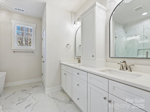 bathroom featuring vanity and walk in shower