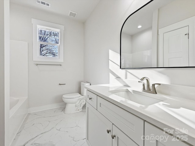 full bathroom featuring toilet, vanity, and  shower combination