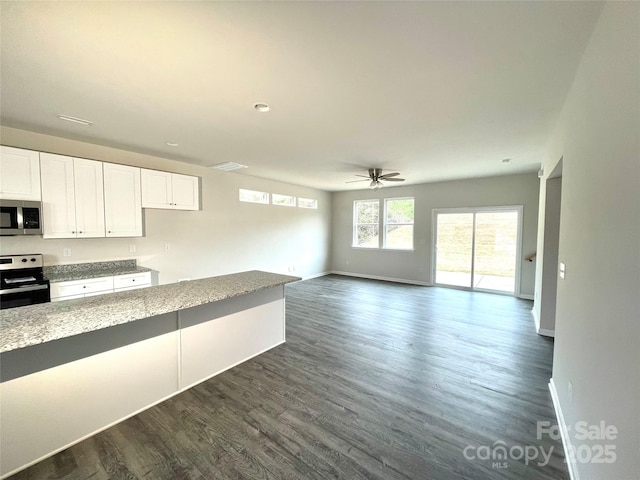 kitchen with white cabinets, ceiling fan, dark hardwood / wood-style floors, light stone countertops, and stainless steel appliances