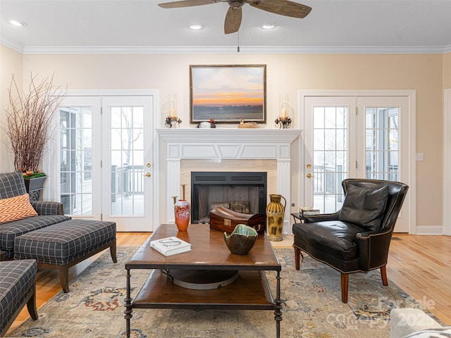 sitting room with a premium fireplace, ornamental molding, and a wealth of natural light