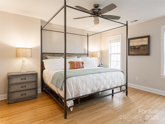 bedroom featuring ceiling fan and light hardwood / wood-style flooring