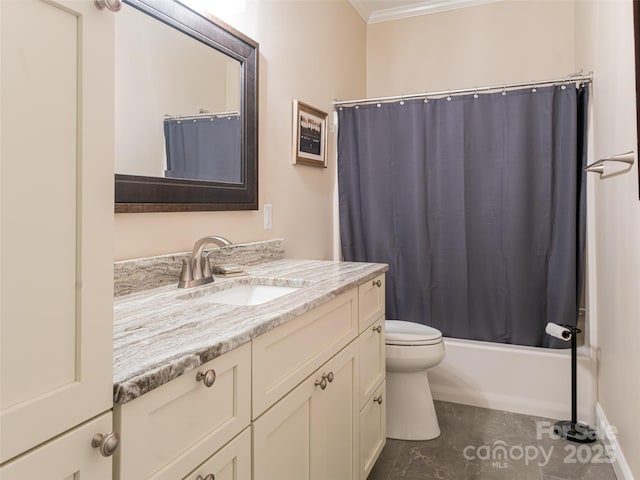 full bathroom featuring vanity, tile patterned floors, crown molding, toilet, and shower / tub combo