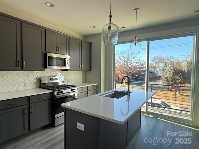 kitchen featuring sink, pendant lighting, decorative backsplash, a center island with sink, and appliances with stainless steel finishes