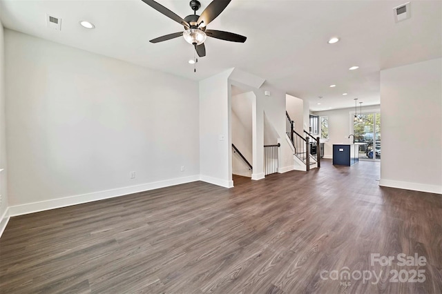 1227 E 34th St Unit Csw0420, Charlotte, NC 28205 - unfurnished living room featuring recessed lighting, dark wood-style flooring, baseboards, and ceiling fan