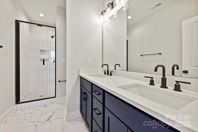 1227 E 34th St Unit Csw0420, Charlotte, NC 28205 - full bathroom with marble finish floors, baseboards, a stall shower, recessed lighting, and double vanity