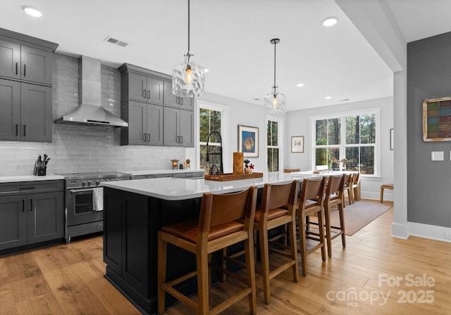 kitchen featuring stainless steel electric range oven, an island with sink, a breakfast bar area, decorative backsplash, and wall chimney range hood