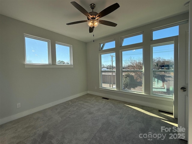 carpeted spare room with ceiling fan and a healthy amount of sunlight