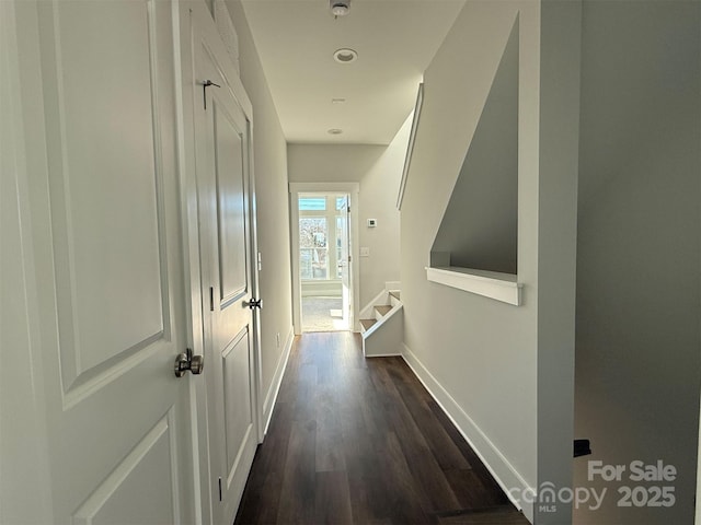 hallway with dark hardwood / wood-style flooring