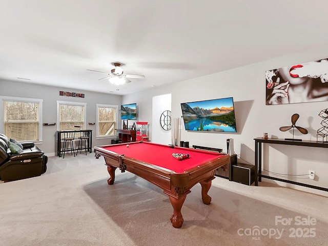 recreation room featuring light carpet, ceiling fan, and pool table