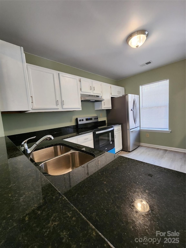 kitchen with white cabinets, light hardwood / wood-style floors, sink, and appliances with stainless steel finishes