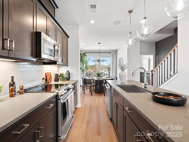 kitchen with visible vents, backsplash, appliances with stainless steel finishes, light wood-style floors, and a sink