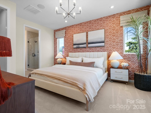 carpeted bedroom featuring a chandelier, recessed lighting, an accent wall, visible vents, and wallpapered walls