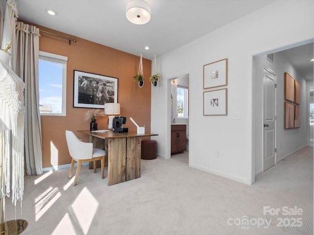 home office with recessed lighting, baseboards, and light carpet