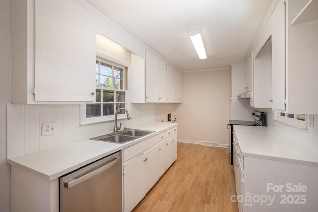 kitchen with electric range oven, sink, light hardwood / wood-style flooring, dishwasher, and white cabinetry