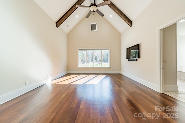 unfurnished living room with hardwood / wood-style floors, beam ceiling, and high vaulted ceiling