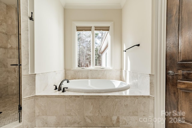 bathroom with crown molding and shower with separate bathtub