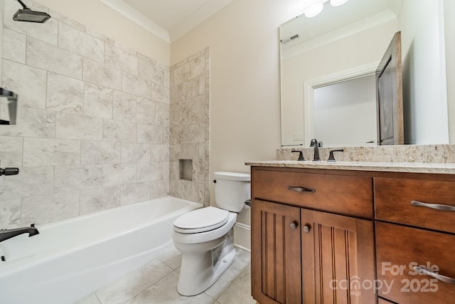 full bathroom with vanity, ornamental molding, tile patterned floors, and toilet