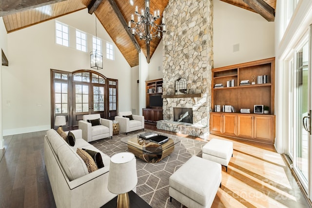 9809 Saddle Ave, Waxhaw, NC 28173 - living room with an inviting chandelier, wooden ceiling, hardwood / wood-style floors, and high vaulted ceiling
