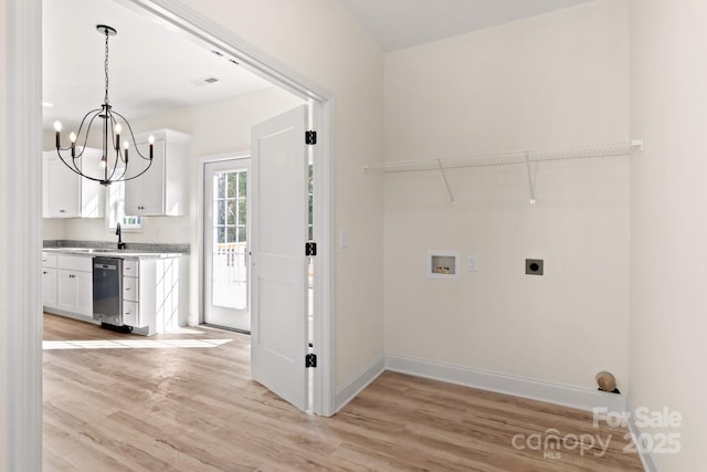 laundry room with laundry area, hookup for an electric dryer, hookup for a washing machine, and light wood-style floors