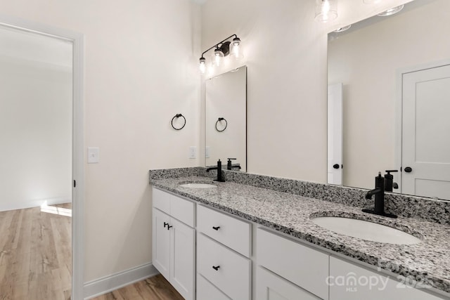 bathroom with double vanity, wood finished floors, a sink, and baseboards