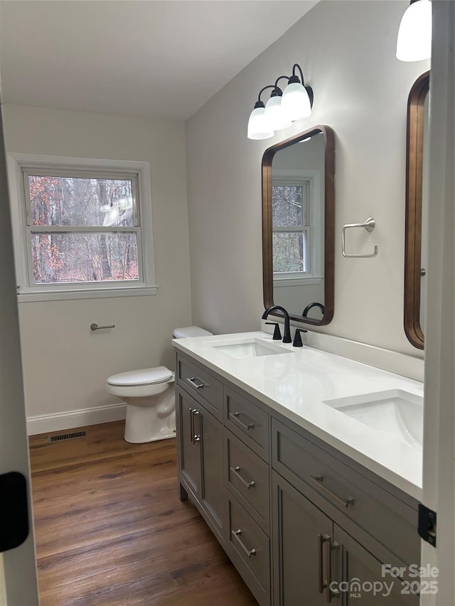 bathroom with hardwood / wood-style floors, vanity, and toilet