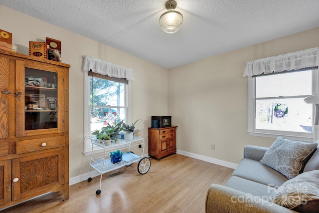 sitting room with light hardwood / wood-style flooring and a textured ceiling