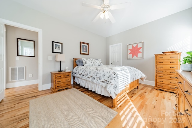 bedroom with ceiling fan and light wood-type flooring