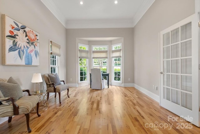 4150 Summit Ridge Ln, Denver, NC 28037 - sitting room featuring light wood-style floors, ornamental molding, baseboards, and recessed lighting