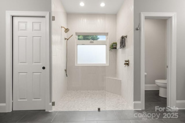 4150 Summit Ridge Ln, Denver, NC 28037 - full bath featuring toilet, walk in shower, tile patterned floors, and recessed lighting
